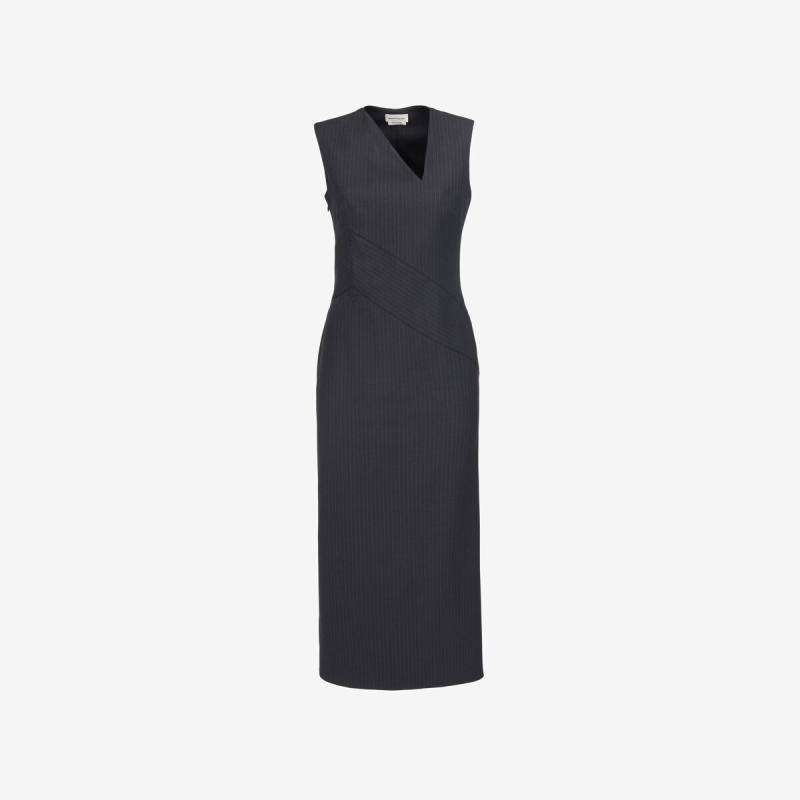 Alexander McQueen Women's Grey & Silver Pinstripe Midi Dress - 2 (Wool)